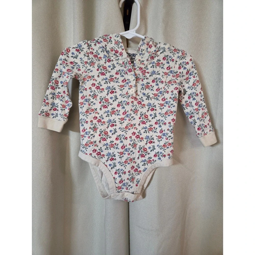 OshKosh B'gosh Baby Girls Cream Floral Hooded Henley Bodysuit 9M